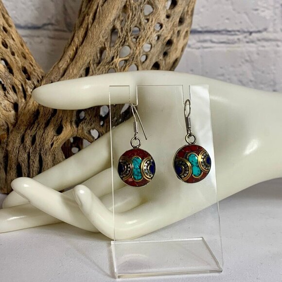 Turquoise Lapis and Coral Nepalese Earrings - Picture 1 of 6